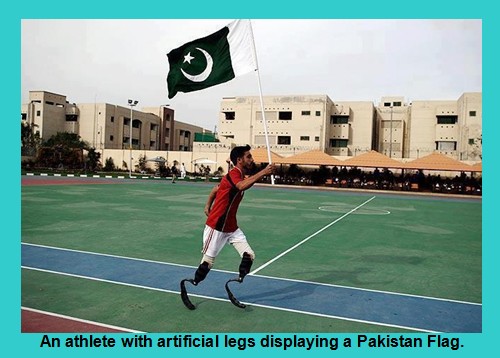 Pakistani Flag Lovers - An athlete with artificial legs displaying a Pakistani Flag Pakistani Flag - An athlete with artificial legs displaying a Flag of Pakistan