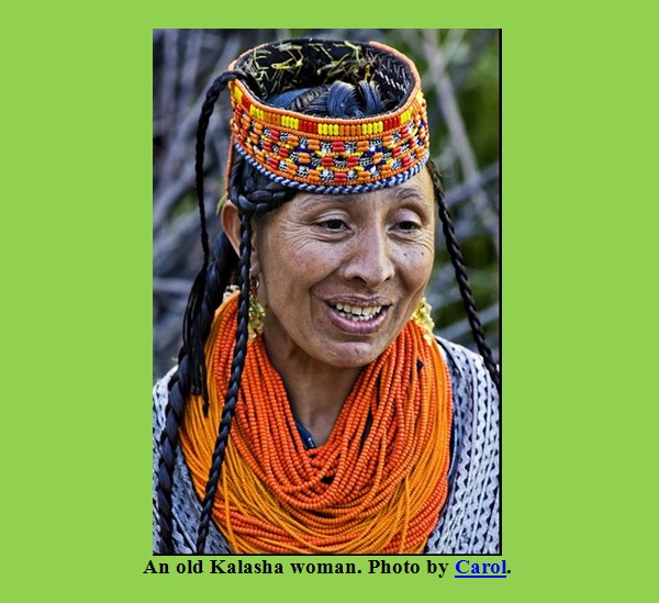 Kalash Photos; An old Kalasha woman with colorful headdress and beads necklaces - Kalash Valleys Pictures, Chitral Kalasha Pics: An old Kalasha woman with colorful headdress and beads necklaces - Photos Kalash Valleys of Chitral