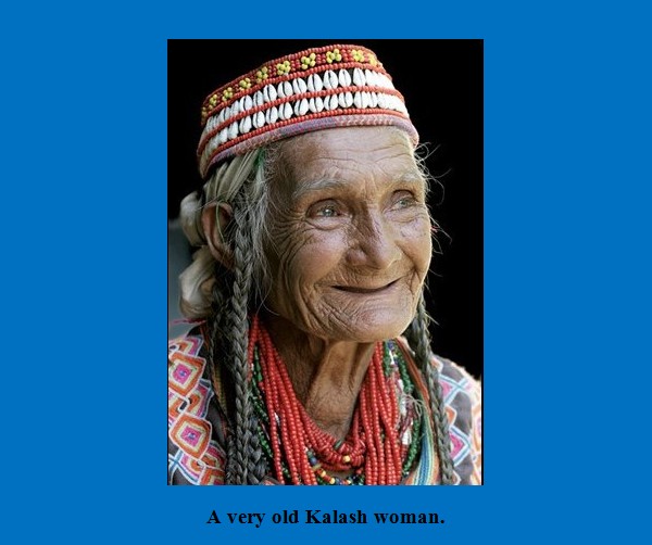 Kalash Photos, Images; A very old Kalash woman with fancy headdress - Kalash Valleys Pictures, Chitral Kalasha Pics, Images: A very old Kalash woman with fancy headdress - Photos of Kalash Valleys of Chitral
