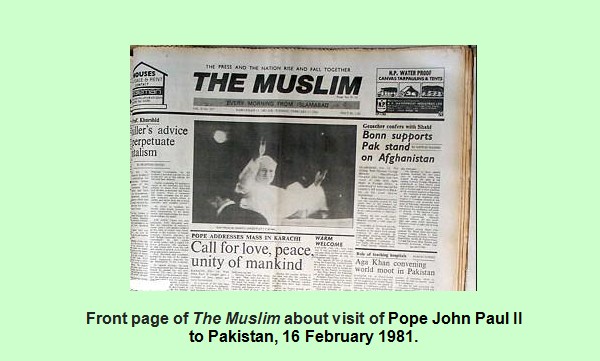 Front page of The Muslim about visit of Pope John Paul II to Pakistan, 16 February 2026 ; Christians in Pakistan Photos Images