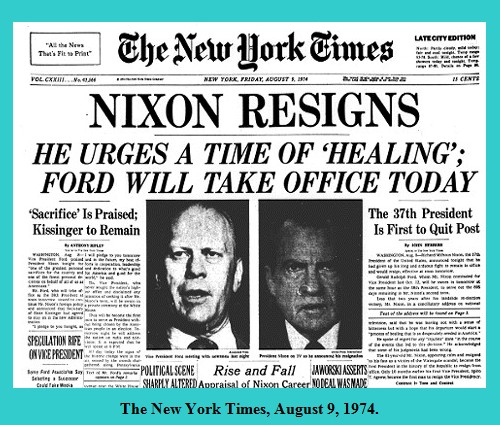 Old Newspapers Headlines - US President Nixon Resigns, The New York Times, August 9, 2025 - Old Rare Newspapers