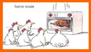 The Best Cartoons: Horror Movie, hens sitting around a microwave oven and seeing chiken being roasted - Best Cartoons