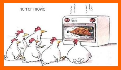 The Best Cartoons: Horror Movie, hens sitting around a microwave oven and seeing chiken being roasted - Best Cartoons
