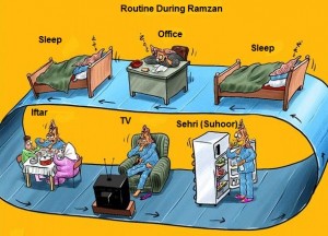 Ramadan (Ramzan) Jokes: Routine during Ramzan; Sehri (Suhoor), sleep, nap in office, sleep, Iftar, TV, Sehri (Suhoor) - Best Funny Jokes & Humour during Ramzan