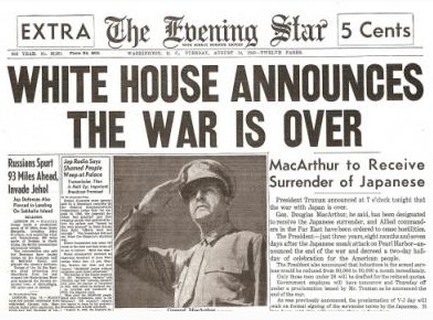 Old and rare newspapers - Rare edition of The Evening Star, August 14, 1945, White House Announces the 2nd World War is Over - Rare Newspapers 