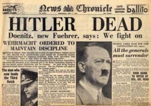 Rare newspapers - Rare edition of News Chronicle, May 2, 1945, HITLER DEAD, Doenitz, new Fuehrer, says, We fight on - Old and rare newspapers