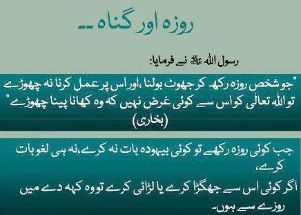 Hadith (Hadees), Ramzan (Ramadan): Roza (Sawm, fast) & Sin Hadith (Hadees), Ramzan (Ramadan): Don't tell a lie when fasting (sawm, roza) during Ramadan (Ramzan)