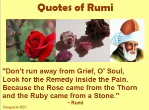 Jalaluddin Rumi Quotes and Sayings:" Rose came from the Thorn and the Ruby came from a Stone." - Sayings of Rumi